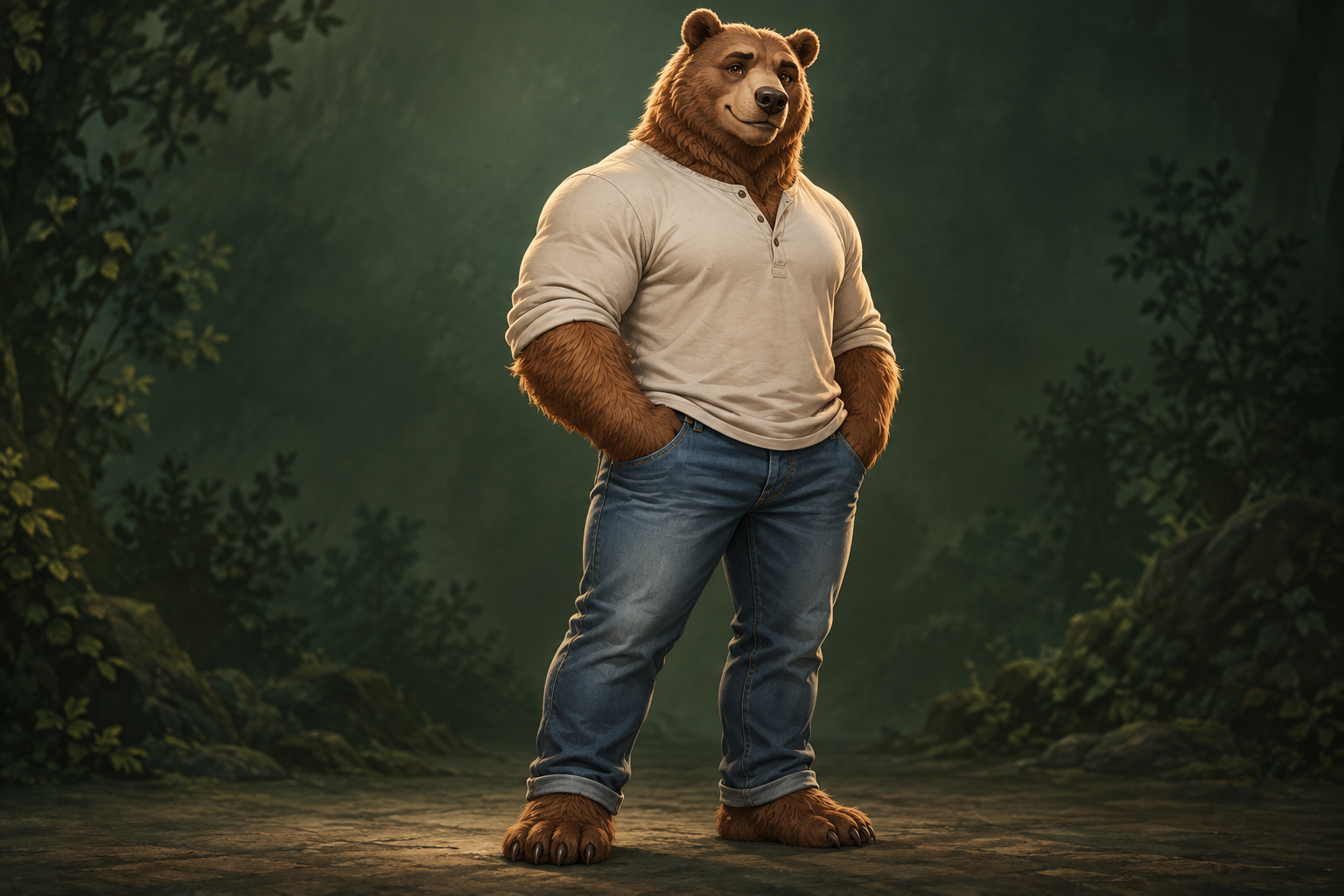 Ein freundlicher, aufrecht stehender Bär in Hemd und Jeans – stark, gelassen und bereit, anzupacken.